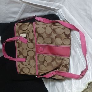 Coach brown signature cloth crossbody with pink leather trim